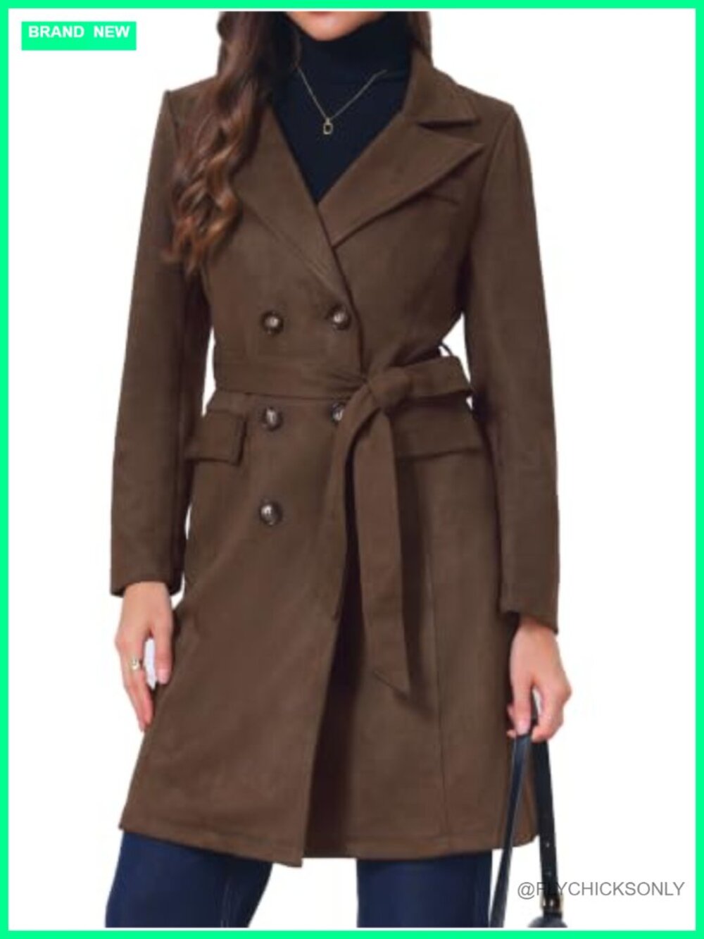 Allegra K Women's Faux Suede Trench Coat Notched Lapel Mid-Long Overcoat